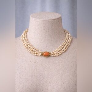 Vintage 5-Strand Freshwater Pearl Necklace with Gold-Tone Coral Cabochon Clasp